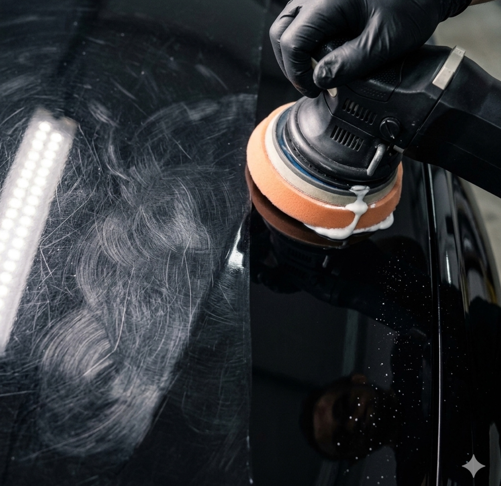 Paint correction — swirl marks being removed under inspection light